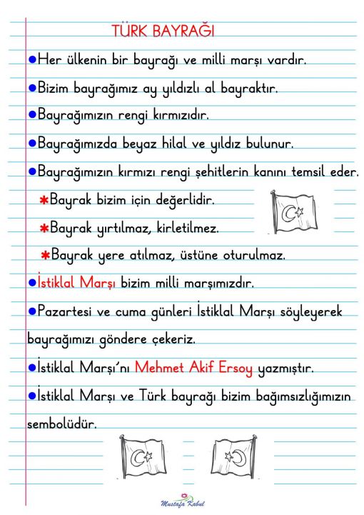 1.Sınıf Hayat Bilgisi Türk Bayrağı Defter Notu